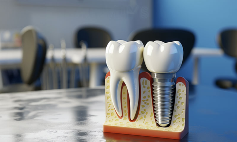 Dental implant model on a reflective table, dental office in the background